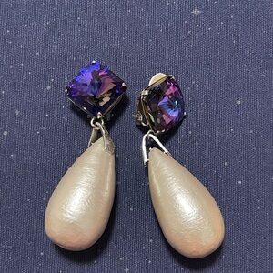 Elegant Jumbo 90’s Pearl Teardrop Drop Earrings with Purple Crystal Accent